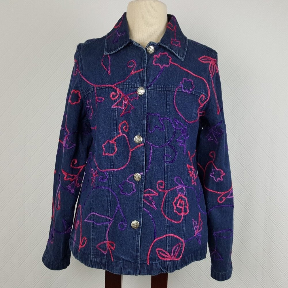 Choices Womens Blue Denim Jean Shirt Jacket Embroidered Accents Size Medium